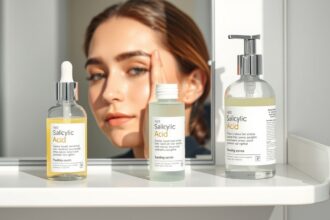 Szalicilsav bőrápoló termékek és női modell a tükör előtt