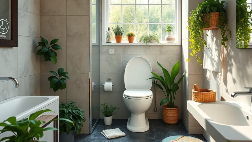 Modern bio WC in a sustainable bathroom with greenery