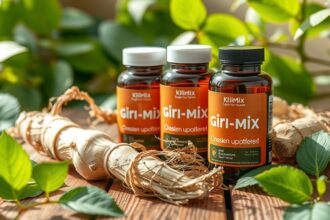 A Kli-Mix ginzeng kapszulák és friss ginzeng gyökér növényekkel a háttérben.