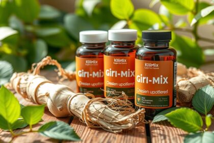 A Kli-Mix ginzeng kapszulák és friss ginzeng gyökér növényekkel a háttérben.