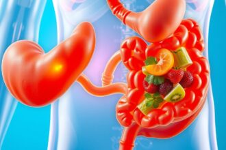 A gyomor és bélrendszer illusztrációja gyümölcsökkel, az emésztés és az egészség kapcsolatában.