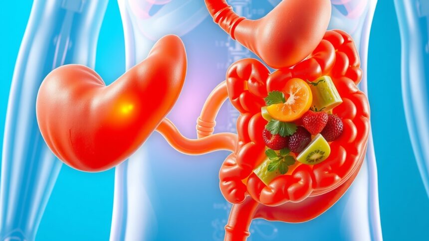 A gyomor és bélrendszer illusztrációja gyümölcsökkel, az emésztés és az egészség kapcsolatában.