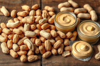 Földimogyoró és mogyoróvaj üvegek fa asztalon.