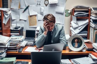 Stresszes férfi ül egy zsúfolt íróasztalnál, tele papírokkal és elektronikai kütyükkel.