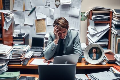 Stresszes férfi ül egy zsúfolt íróasztalnál, tele papírokkal és elektronikai kütyükkel.