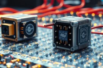 Két termoelem egy nyomtatott áramkörön, piros kábelekkel összekötve.