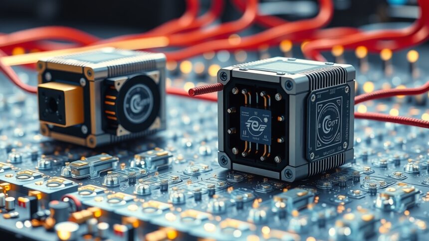 Két termoelem egy nyomtatott áramkörön, piros kábelekkel összekötve.