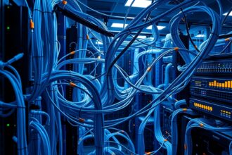 Zavart kábelek és számítógépes szerverek egy adatközpontban