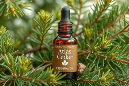 Atlas cédrus illóolaj üveg, cédrus ágak között