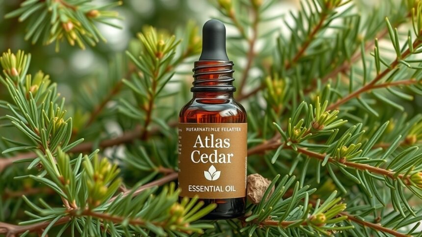 Atlas cédrus illóolaj üveg, cédrus ágak között