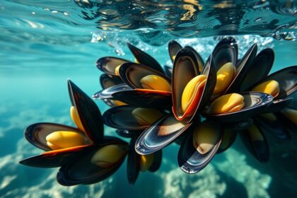 Zöldkagyló csoportja víz alatt, egészséges táplálkozás szimbóluma