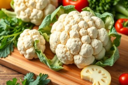 Friss karfiol és zöldségek a konyhában, tápláló étkezéshez.