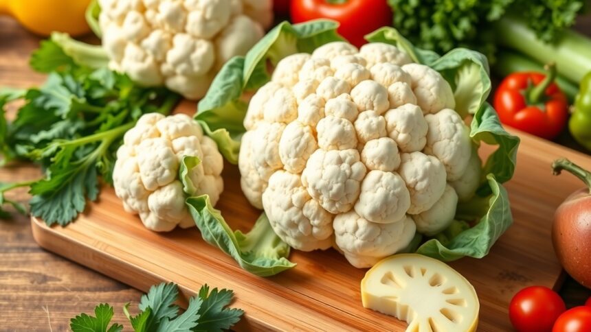 Friss karfiol és zöldségek a konyhában, tápláló étkezéshez.