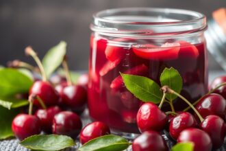 Meggylekvár üvegben, friss meggyel körülvéve, zöld levelekkel.