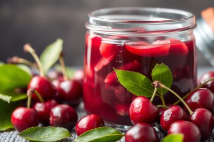 Meggylekvár üvegben, friss meggyel körülvéve, zöld levelekkel.