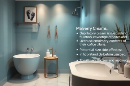 Modern fürdőszoba depiláló krémekkel és használati utasítással.