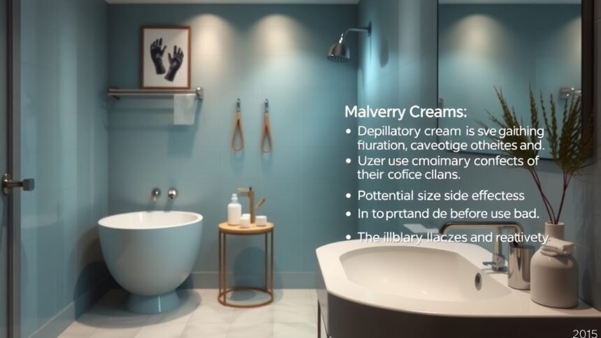 Modern fürdőszoba depiláló krémekkel és használati utasítással.