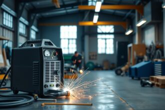 Inverteres CO hegesztőgép működés közben, hegesztési folyamat.