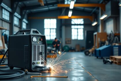 Inverteres CO hegesztőgép működés közben, hegesztési folyamat.