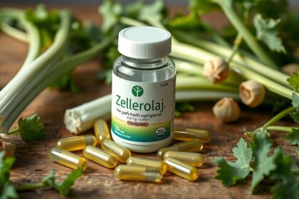 Zellerolaj kapszula egészséges előnyökkel és zeller levéllel.
