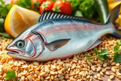 Friss tonhal zöldségekkel és citrommal, tápláló étkezéshez.