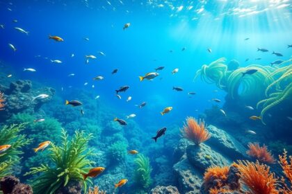 Színes halak és algák a tenger mélyén, természetes szépség és ökoszisztéma