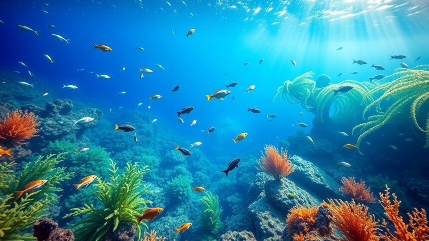 Színes halak és algák a tenger mélyén, természetes szépség és ökoszisztéma