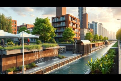 Modern városi táj csarnokvíz kezelés és fenntarthatóság példa