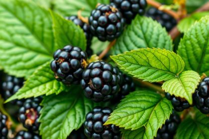Fekete bogyók és zöld szederlevelek közelről