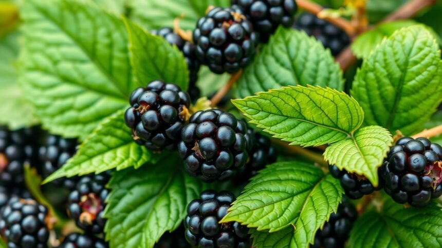 Fekete bogyók és zöld szederlevelek közelről