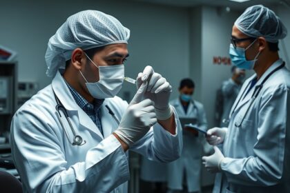 Orvosi szakemberek cipionátot előkészítenek a laborban.