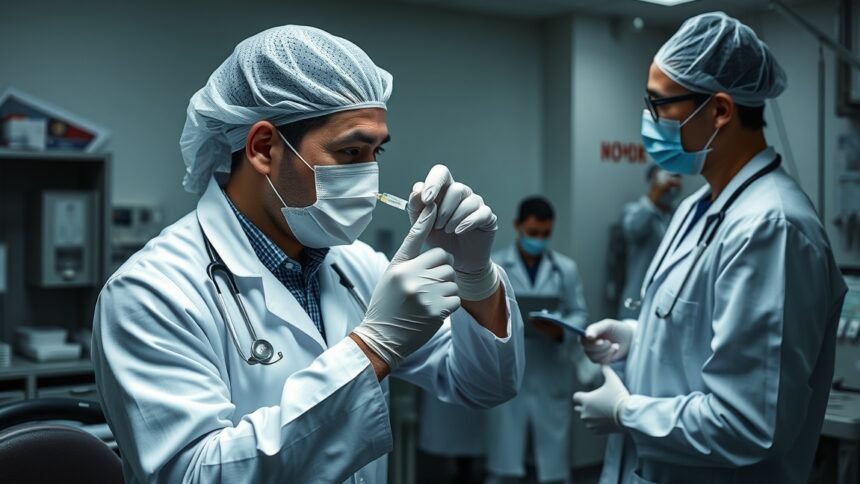 Orvosi szakemberek cipionátot előkészítenek a laborban.