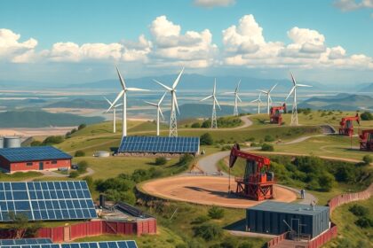 Szél- és napenergia mellett olajfúró tornyok egy zöld környezetben