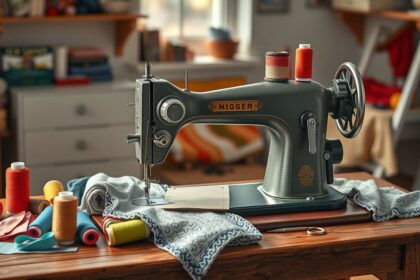 Hagyományos varrógép cérnákkal és szövetekkel egy asztalon.