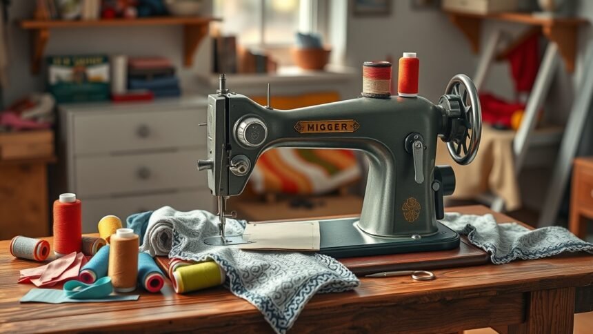Hagyományos varrógép cérnákkal és szövetekkel egy asztalon.