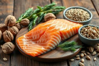 Friss lazac filé, dió és napraforgómag az omega-3 zsírsavak egészségügyi előnyeihez.