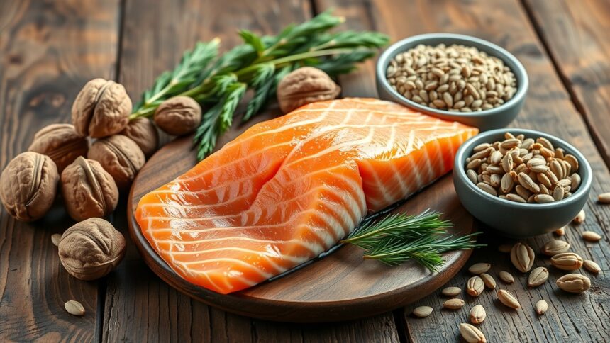 Friss lazac filé, dió és napraforgómag az omega-3 zsírsavak egészségügyi előnyeihez.