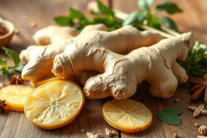 Friss gyömbér és citrom szeletek egészséges összetevőként.