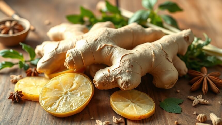 Friss gyömbér és citrom szeletek egészséges összetevőként.