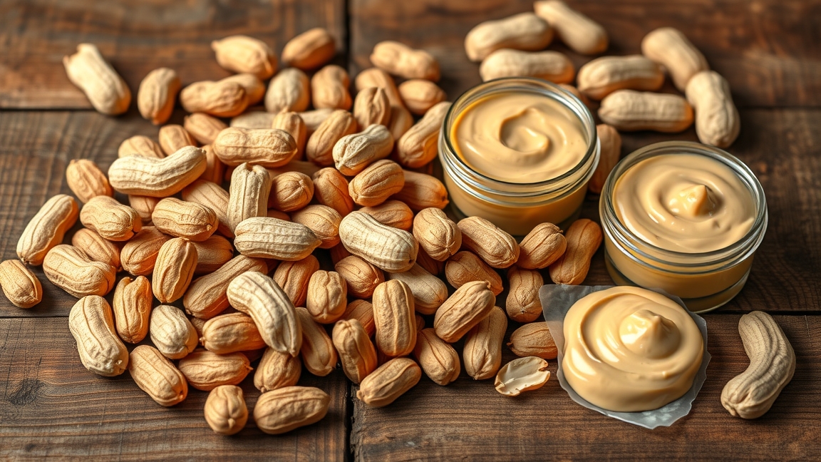 Földimogyoró és mogyoróvaj üvegek fa asztalon.