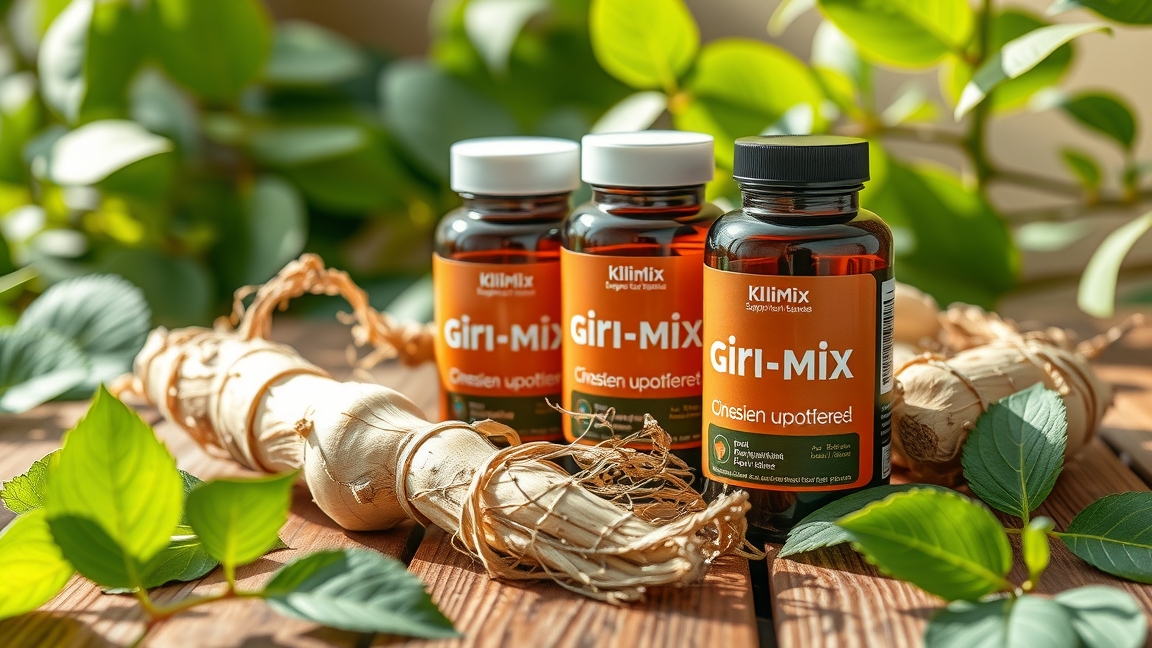 A Kli-Mix ginzeng kapszulák és friss ginzeng gyökér növényekkel a háttérben.