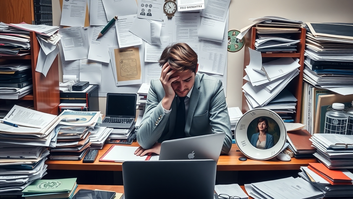 Stresszes férfi ül egy zsúfolt íróasztalnál, tele papírokkal és elektronikai kütyükkel.