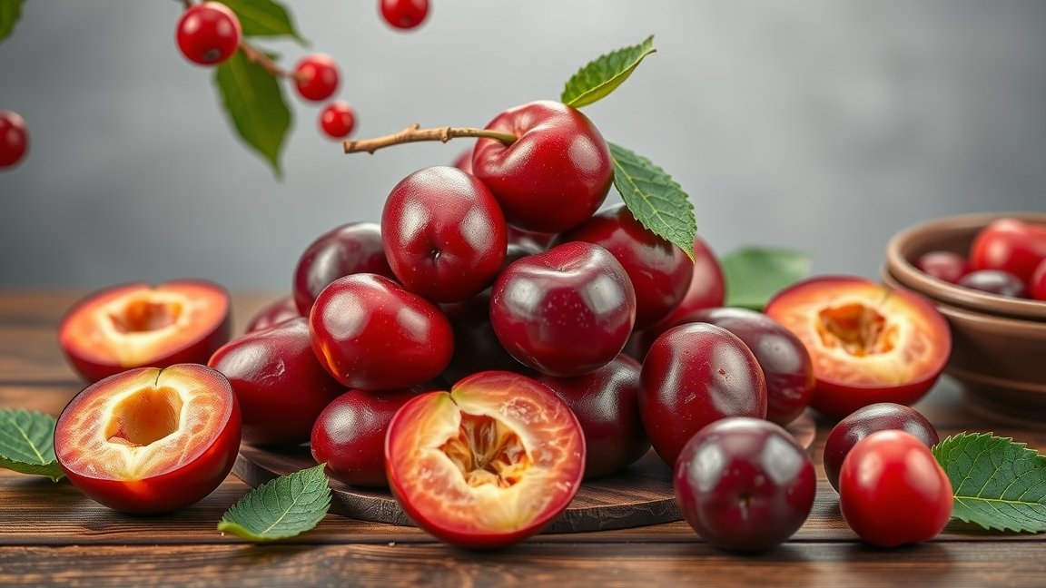 Friss japán szilva (ume) halom, vágott példányokkal