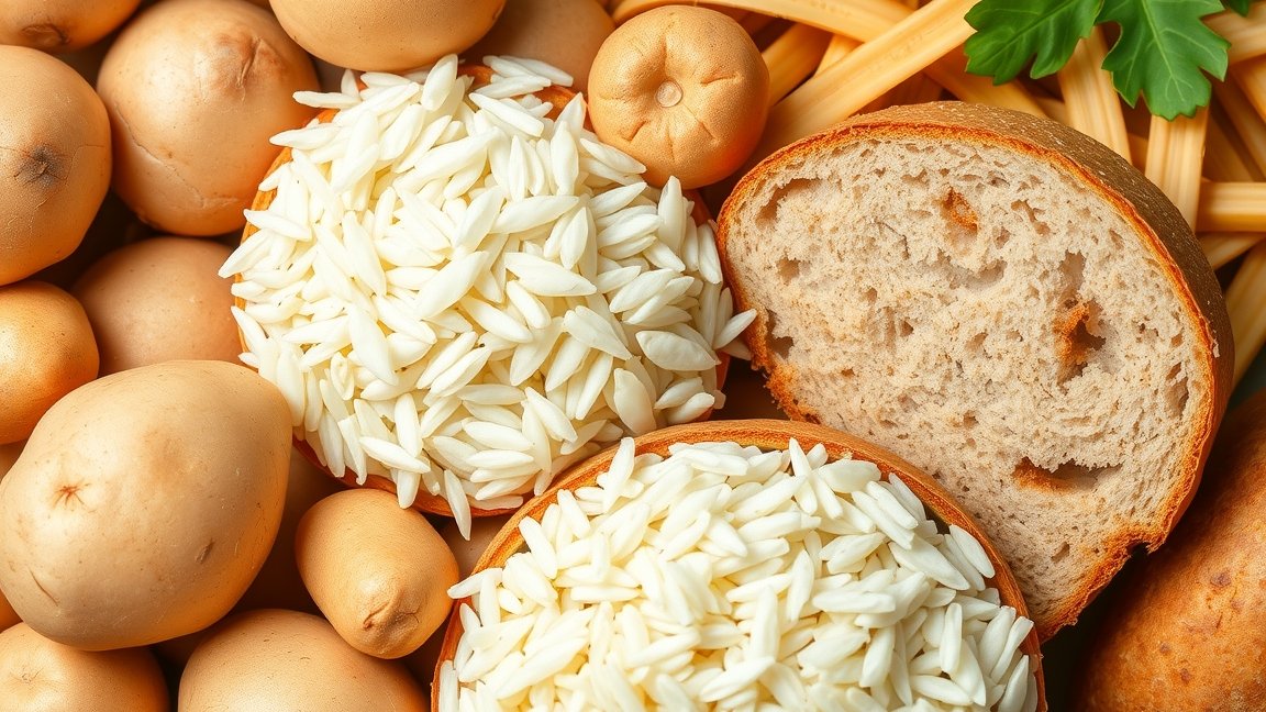 Keményítő források: burgonya, rizs és teljes kiőrlésű kenyér egy képen.