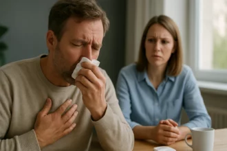 Felnőtt férfi influenzás, női támogató arccal, asztalnál ülve