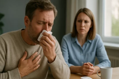Felnőtt férfi influenzás, női támogató arccal, asztalnál ülve