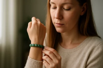 Aventurin karkötő viselése egy fiatal nő kezén.