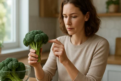 Nő brokkolit vizsgál egy konyhában, egészségügyi előnyök felfedezése