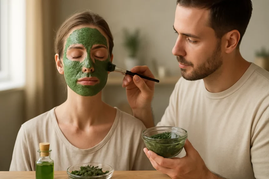 Férfi algás maszkot viselő nő arcát keni otthoni szépségápolás során