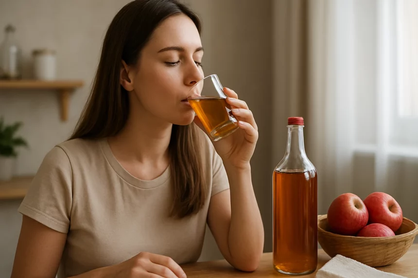 Nő almaecetet iszik, egészség és szépségápolás szempontjából.
